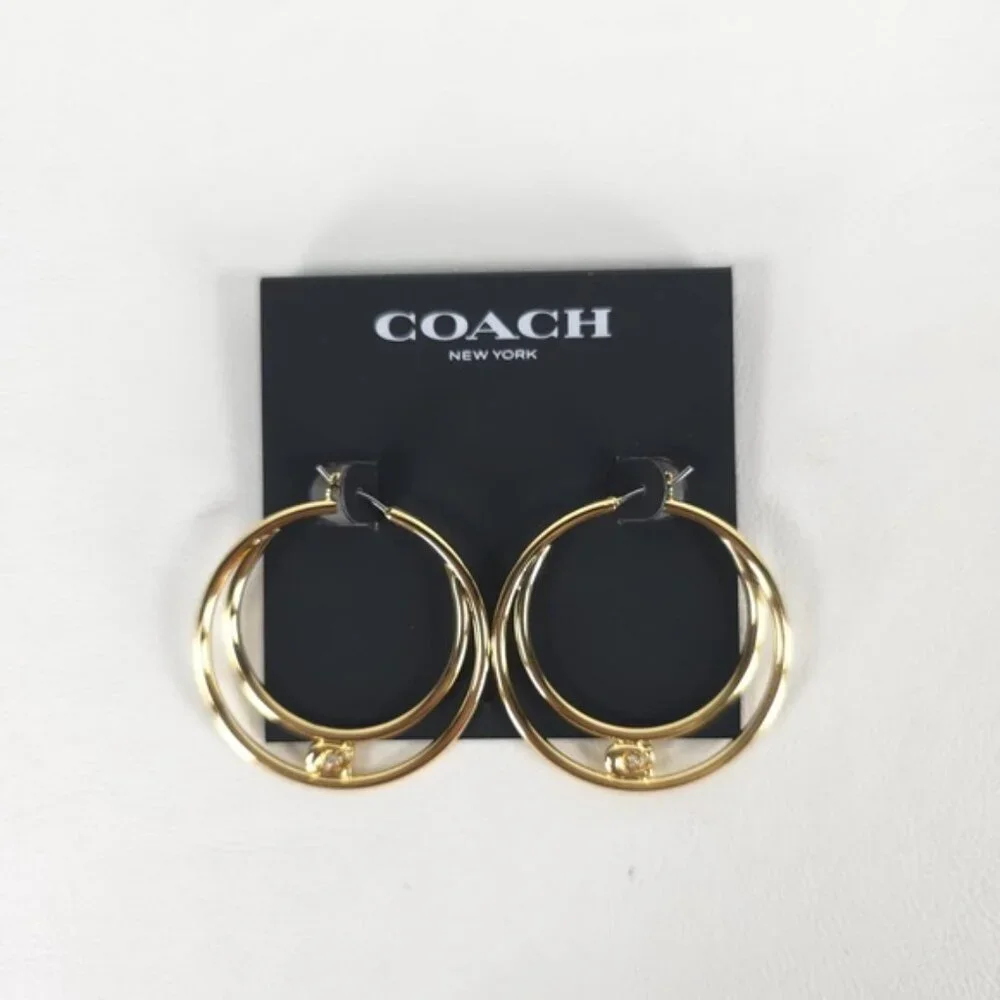NWT COACH Women's Signature Double Hoop Gold Earrings with Cubic Zirconia Detail - Picture 7 of 11